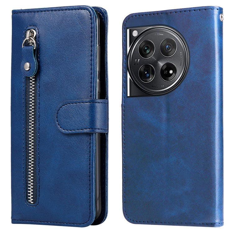 For OnePlus 12 5G Case Zipper Pocket Wallet Stand Calf Texture Phone Leather Cover - Blue