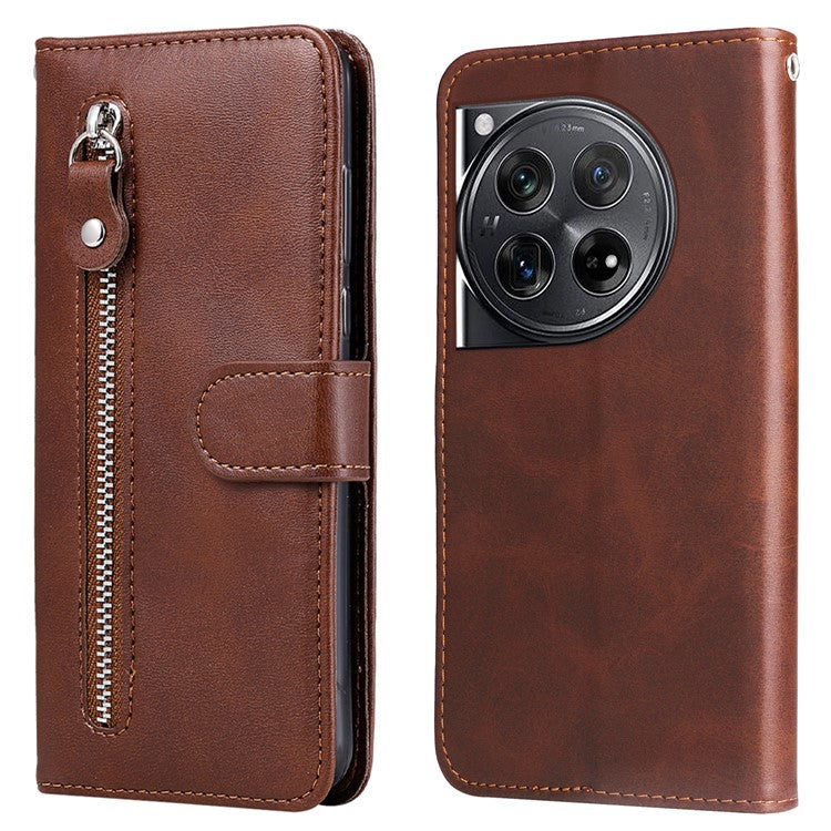 For OnePlus 12 5G Case Zipper Pocket Wallet Stand Calf Texture Phone Leather Cover - Brown