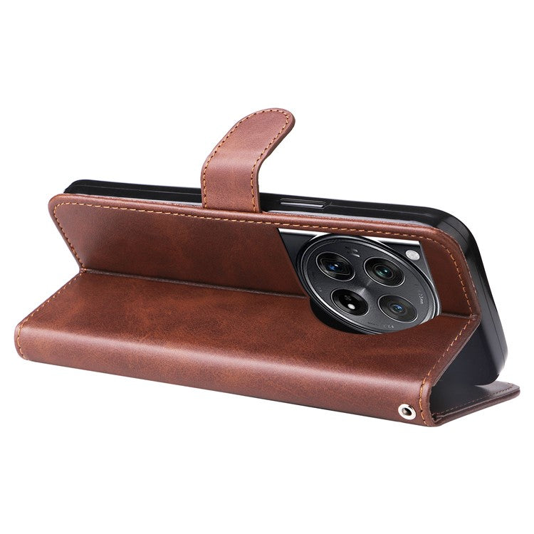For OnePlus 12 5G Case Zipper Pocket Wallet Stand Calf Texture Phone Leather Cover - Brown