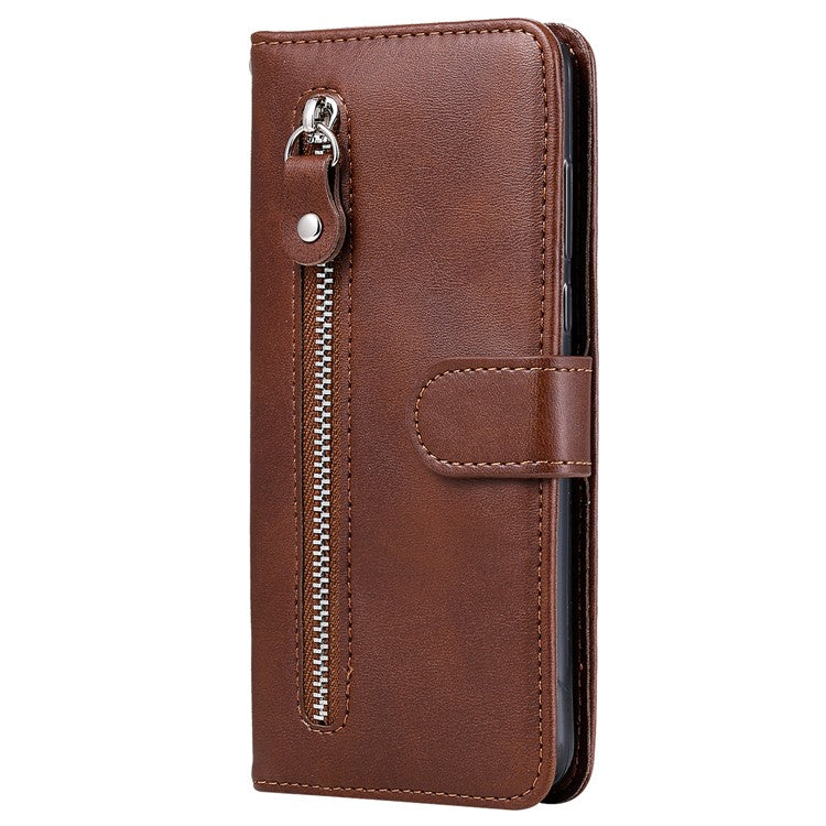 For OnePlus 12 5G Case Zipper Pocket Wallet Stand Calf Texture Phone Leather Cover - Brown