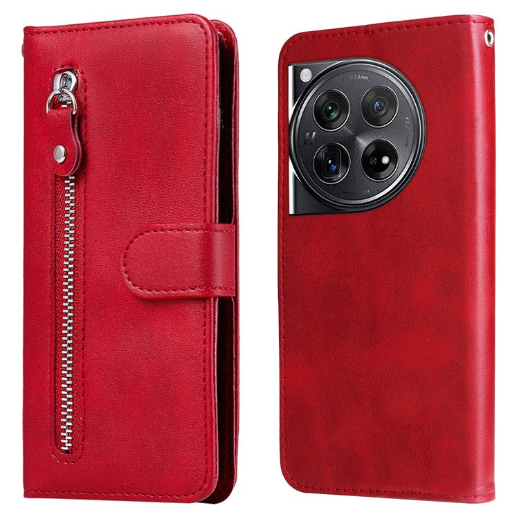 For OnePlus 12 5G Case Zipper Pocket Wallet Stand Calf Texture Phone Leather Cover - Red
