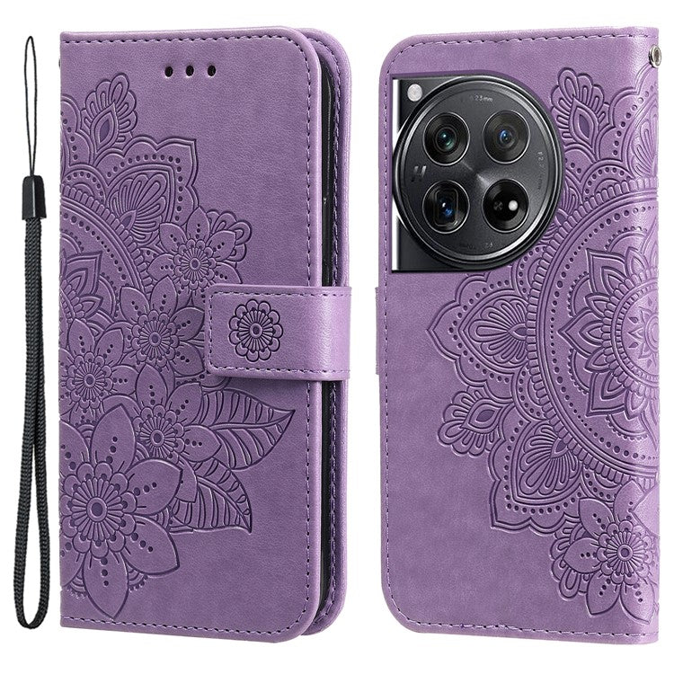 For OnePlus 12 5G Cell Phone Case Imprinted Flower PU Leather Phone Stand Cover - Purple