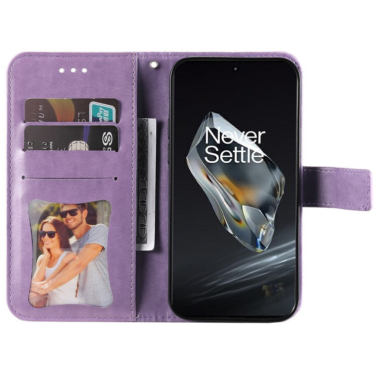 For OnePlus 12 5G Cell Phone Case Imprinted Flower PU Leather Phone Stand Cover - Purple