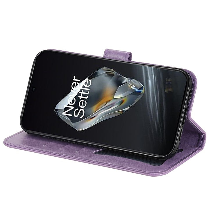 For OnePlus 12 5G Cell Phone Case Imprinted Flower PU Leather Phone Stand Cover - Purple