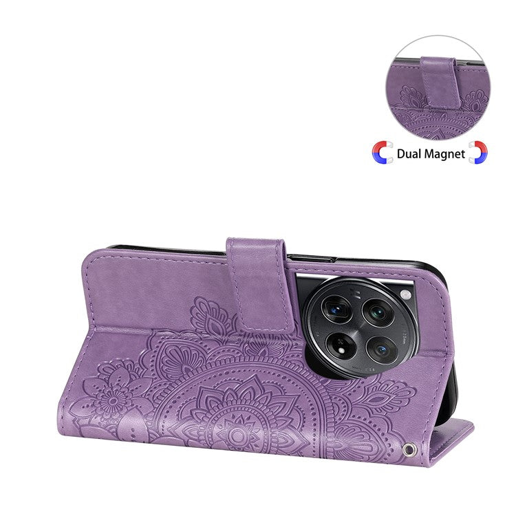 For OnePlus 12 5G Cell Phone Case Imprinted Flower PU Leather Phone Stand Cover - Purple