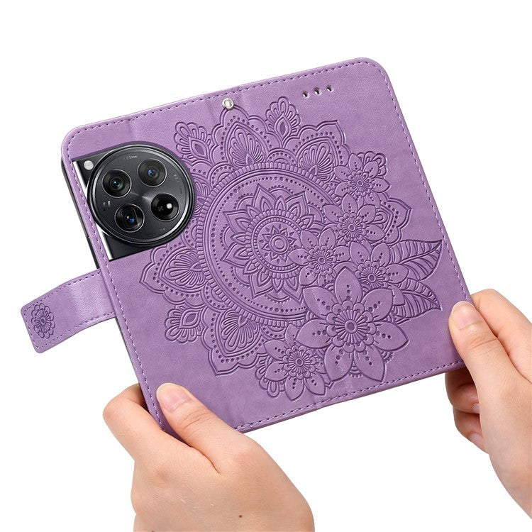 For OnePlus 12 5G Cell Phone Case Imprinted Flower PU Leather Phone Stand Cover - Purple
