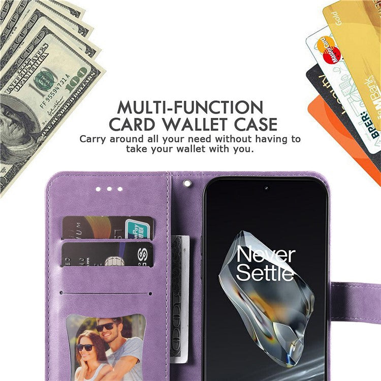 For OnePlus 12 5G Cell Phone Case Imprinted Flower PU Leather Phone Stand Cover - Purple