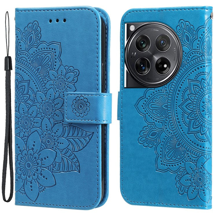 For OnePlus 12 5G Cell Phone Case Imprinted Flower PU Leather Phone Stand Cover - Blue