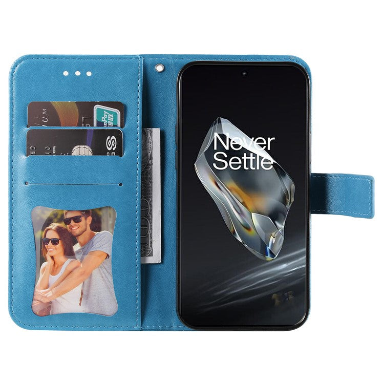 For OnePlus 12 5G Cell Phone Case Imprinted Flower PU Leather Phone Stand Cover - Blue