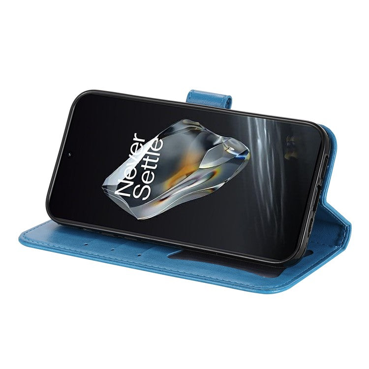For OnePlus 12 5G Cell Phone Case Imprinted Flower PU Leather Phone Stand Cover - Blue