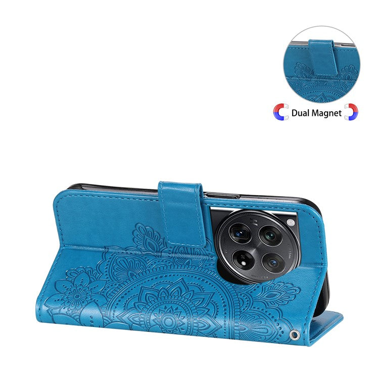 For OnePlus 12 5G Cell Phone Case Imprinted Flower PU Leather Phone Stand Cover - Blue