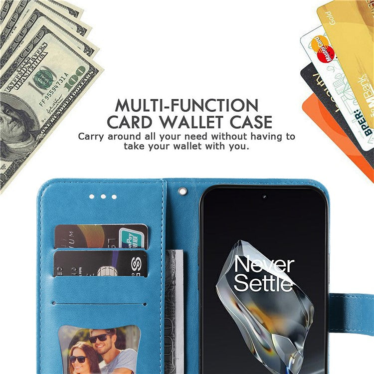 For OnePlus 12 5G Cell Phone Case Imprinted Flower PU Leather Phone Stand Cover - Blue