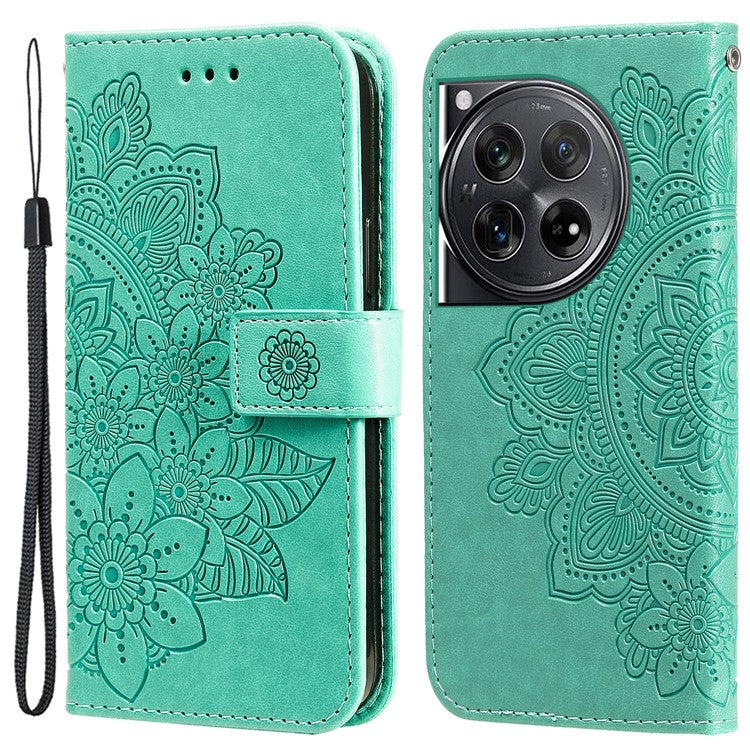 For OnePlus 12 5G Cell Phone Case Imprinted Flower PU Leather Phone Stand Cover - Green