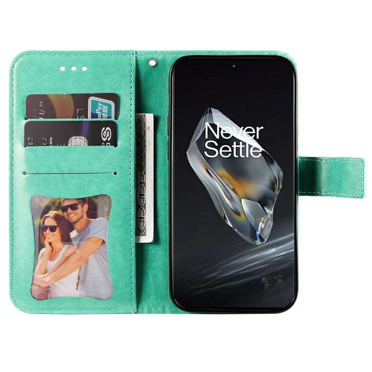 For OnePlus 12 5G Cell Phone Case Imprinted Flower PU Leather Phone Stand Cover - Green