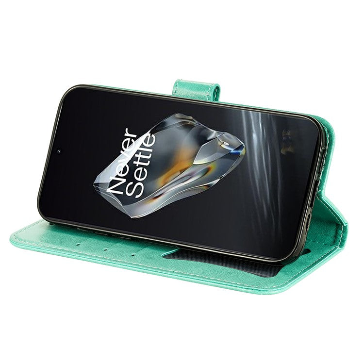 For OnePlus 12 5G Cell Phone Case Imprinted Flower PU Leather Phone Stand Cover - Green