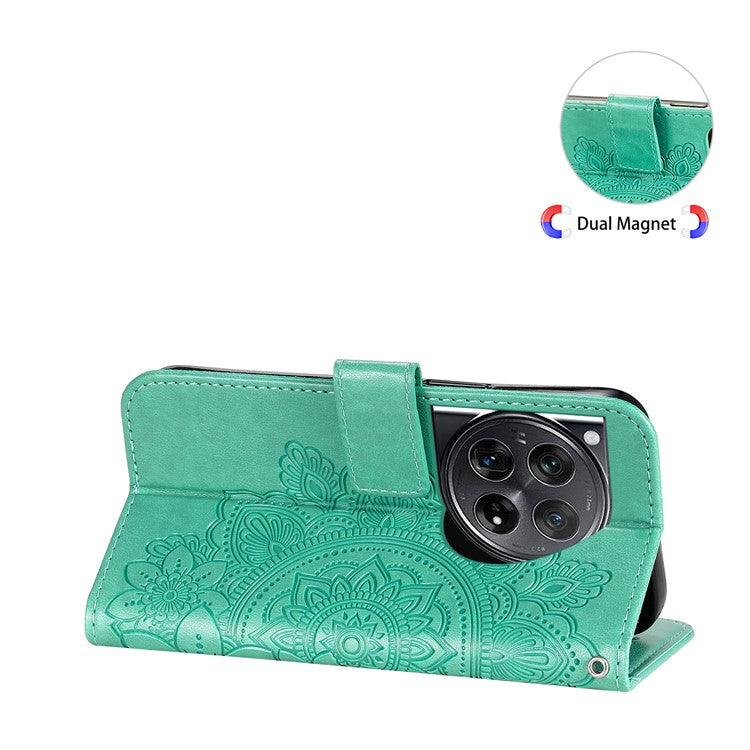 For OnePlus 12 5G Cell Phone Case Imprinted Flower PU Leather Phone Stand Cover - Green