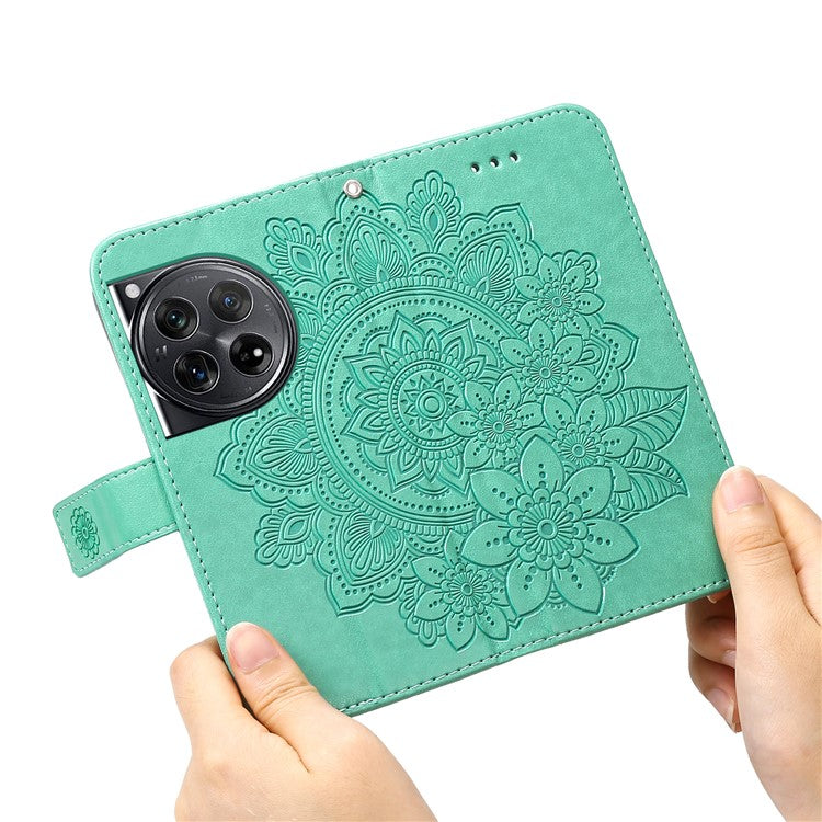 For OnePlus 12 5G Cell Phone Case Imprinted Flower PU Leather Phone Stand Cover - Green