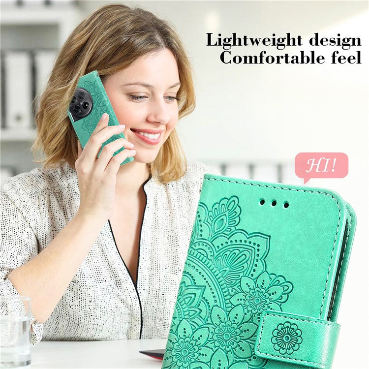 For OnePlus 12 5G Cell Phone Case Imprinted Flower PU Leather Phone Stand Cover - Green