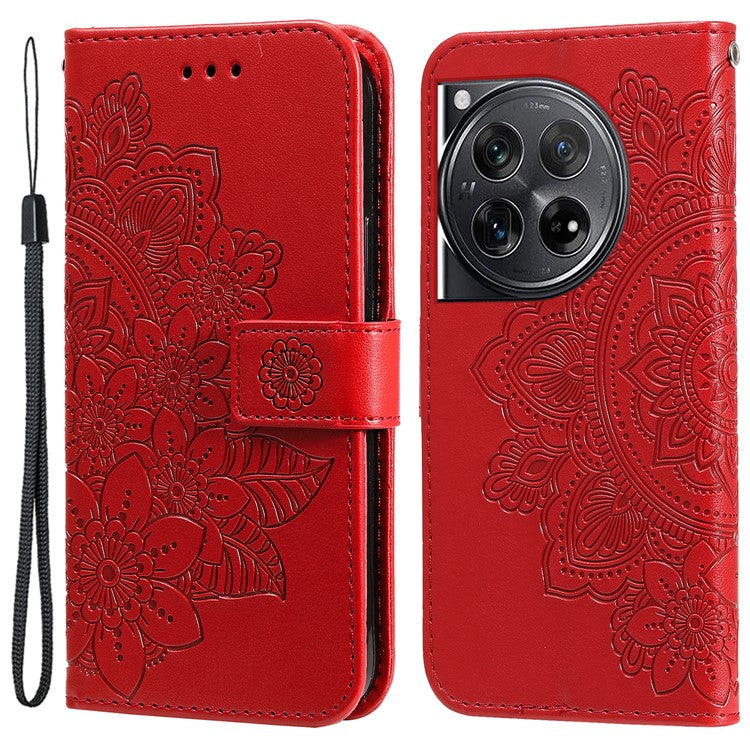 For OnePlus 12 5G Cell Phone Case Imprinted Flower PU Leather Phone Stand Cover - Red