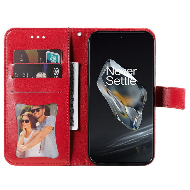 For OnePlus 12 5G Cell Phone Case Imprinted Flower PU Leather Phone Stand Cover - Red