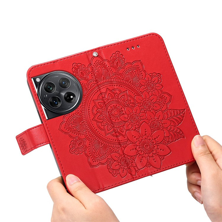 For OnePlus 12 5G Cell Phone Case Imprinted Flower PU Leather Phone Stand Cover - Red