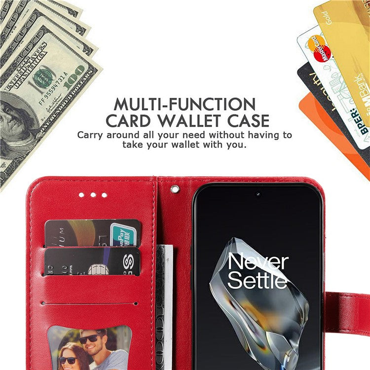 For OnePlus 12 5G Cell Phone Case Imprinted Flower PU Leather Phone Stand Cover - Red