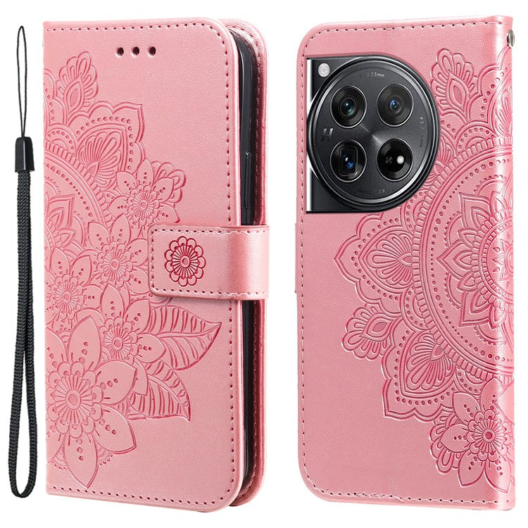 For OnePlus 12 5G Cell Phone Case Imprinted Flower PU Leather Phone Stand Cover - Pink