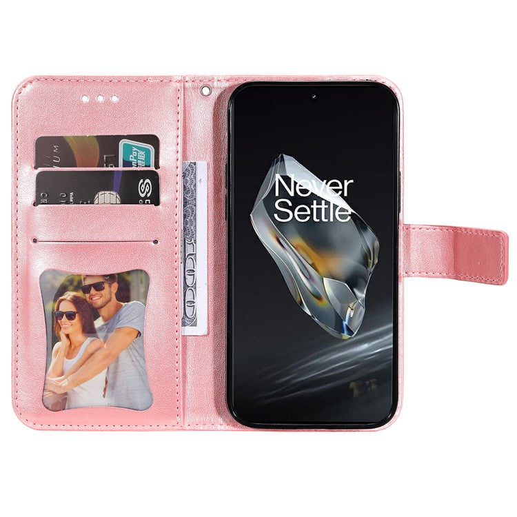 For OnePlus 12 5G Cell Phone Case Imprinted Flower PU Leather Phone Stand Cover - Pink