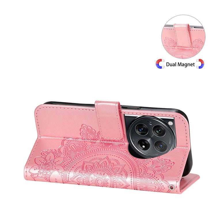 For OnePlus 12 5G Cell Phone Case Imprinted Flower PU Leather Phone Stand Cover - Pink