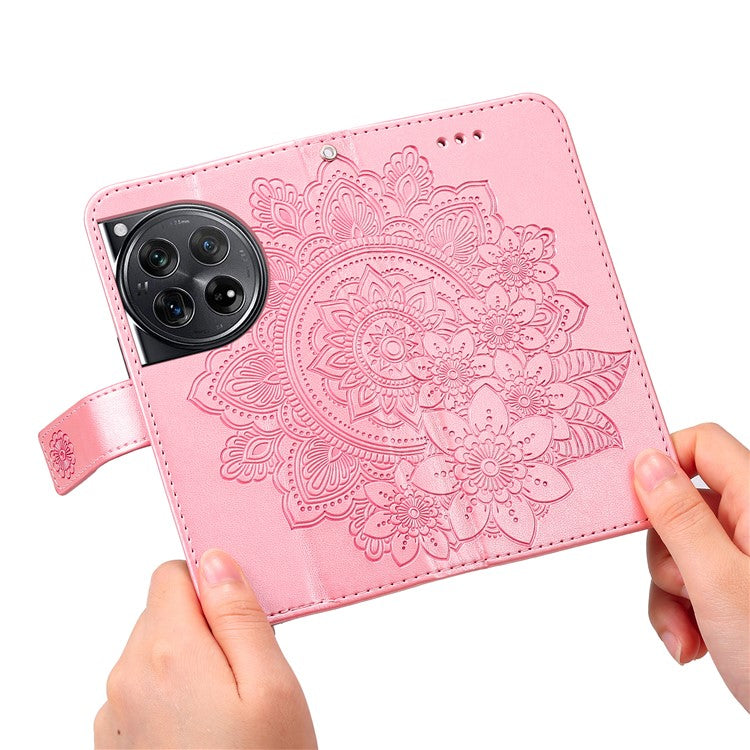 For OnePlus 12 5G Cell Phone Case Imprinted Flower PU Leather Phone Stand Cover - Pink
