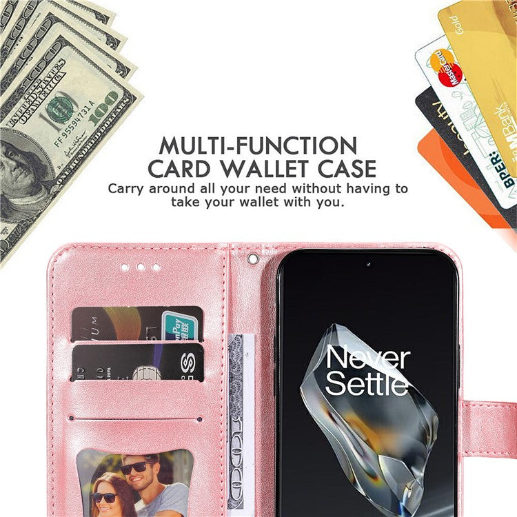 For OnePlus 12 5G Cell Phone Case Imprinted Flower PU Leather Phone Stand Cover - Pink