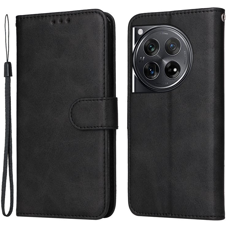 For OnePlus 12 5G Cell Phone Case Wrist Strap Leather Phone Cover Wallet with Stand - Black