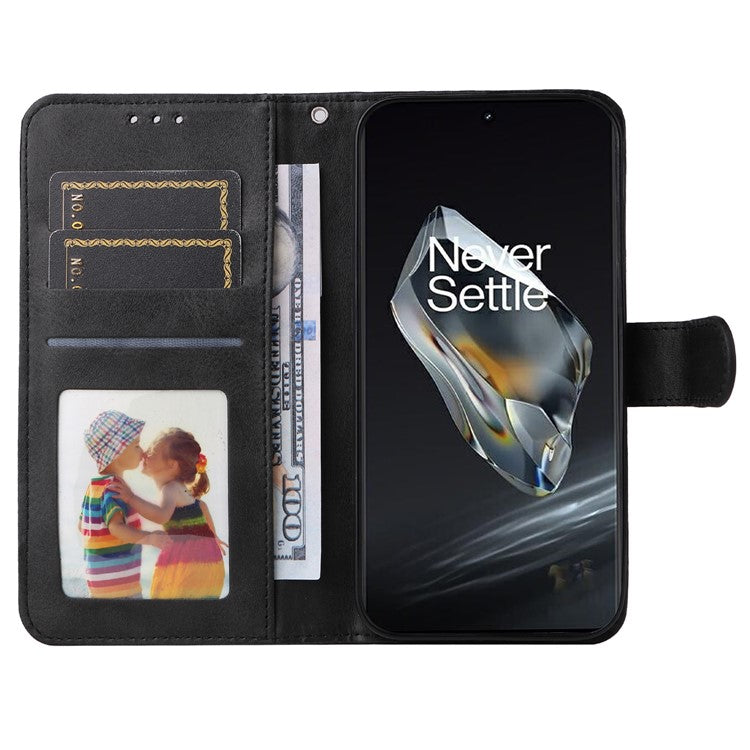 For OnePlus 12 5G Cell Phone Case Wrist Strap Leather Phone Cover Wallet with Stand - Black