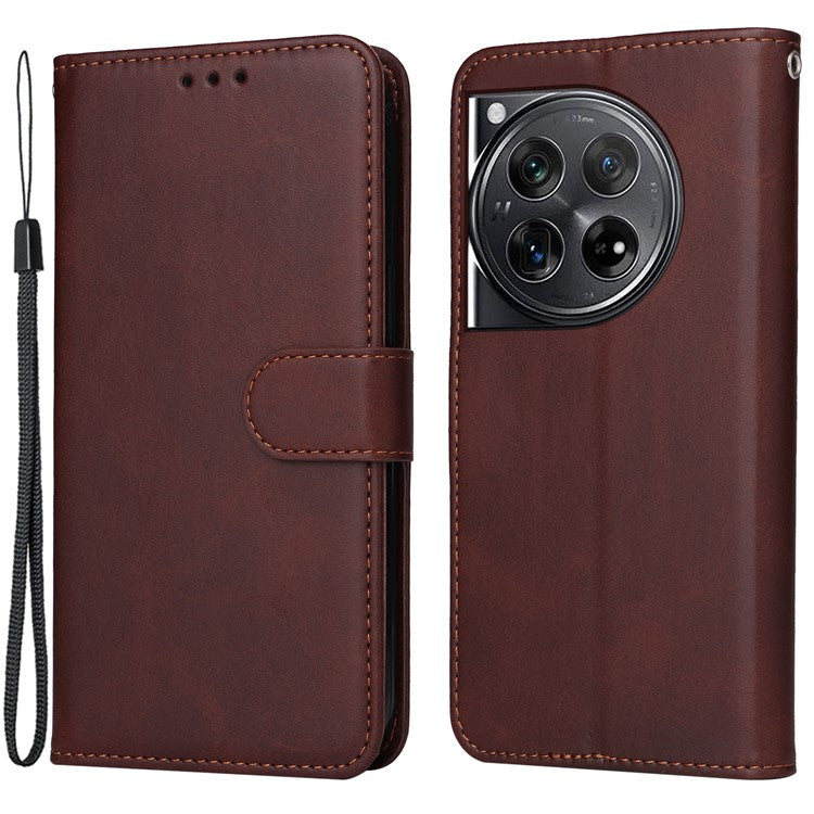 For OnePlus 12 5G Cell Phone Case Wrist Strap Leather Phone Cover Wallet with Stand - Brown