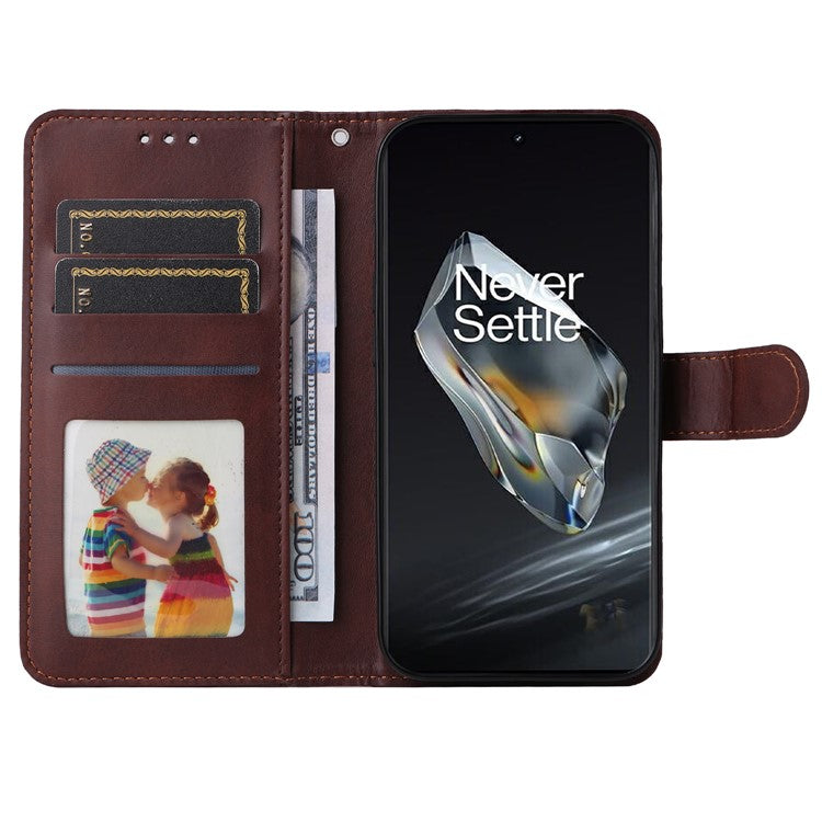 For OnePlus 12 5G Cell Phone Case Wrist Strap Leather Phone Cover Wallet with Stand - Brown