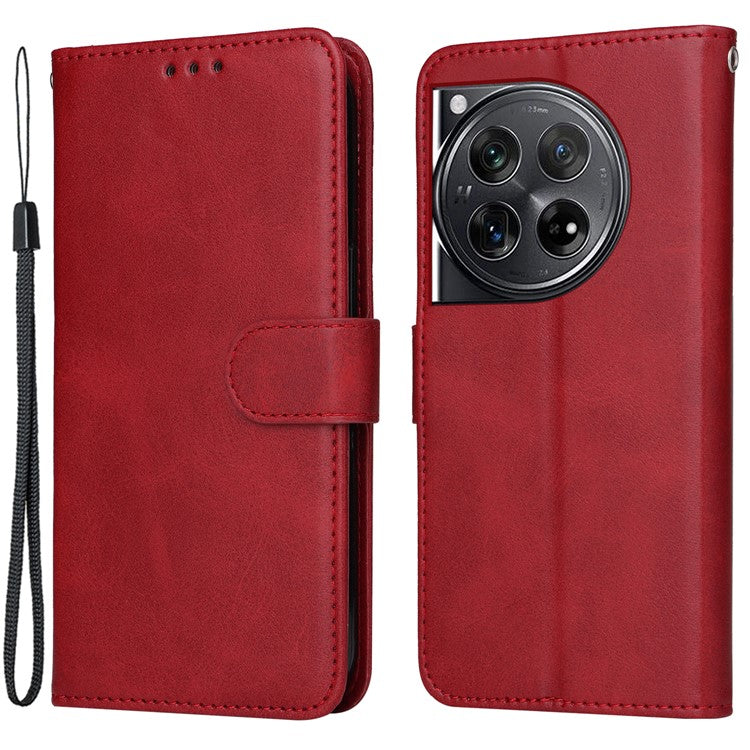 For OnePlus 12 5G Cell Phone Case Wrist Strap Leather Phone Cover Wallet with Stand - Red
