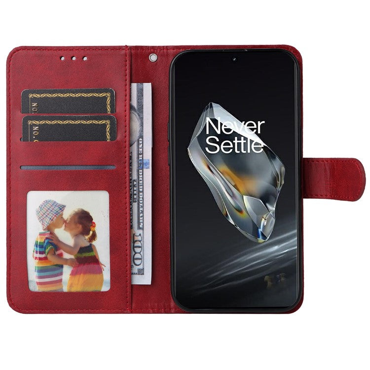 For OnePlus 12 5G Cell Phone Case Wrist Strap Leather Phone Cover Wallet with Stand - Red