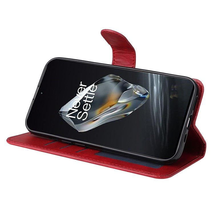 For OnePlus 12 5G Cell Phone Case Wrist Strap Leather Phone Cover Wallet with Stand - Red