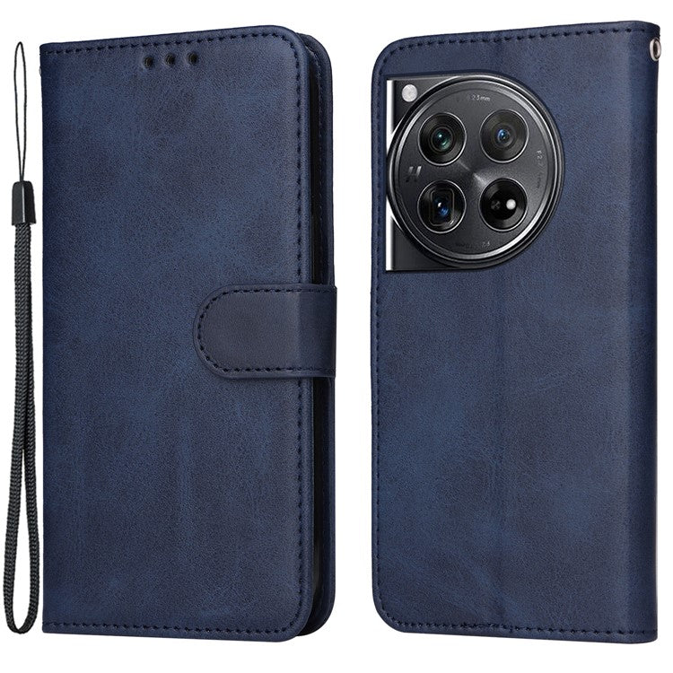 For OnePlus 12 5G Cell Phone Case Wrist Strap Leather Phone Cover Wallet with Stand - Blue
