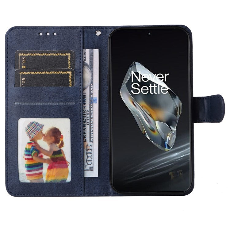For OnePlus 12 5G Cell Phone Case Wrist Strap Leather Phone Cover Wallet with Stand - Blue
