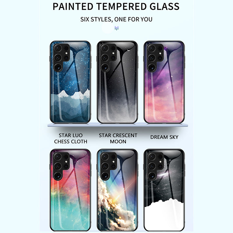 For Samsung Galaxy S24 Ultra Case Starry Sky Pattern Tempered Glass+PC+TPU Phone Cover - Starry Crescent Moon