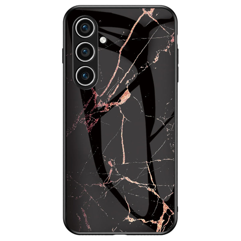 For Samsung Galaxy S24 Case Drop-proof Tempered Glass+PC+TPU Marble Pattern Printing Back Shell - Gold Black Marble