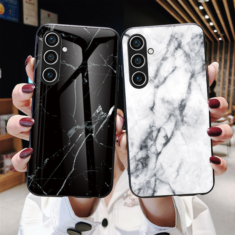 Marble Pattern Case for Samsung Galaxy S24+ Cover Slim-Fit Tempered Glass+PC+TPU Phone Shell - White Marble