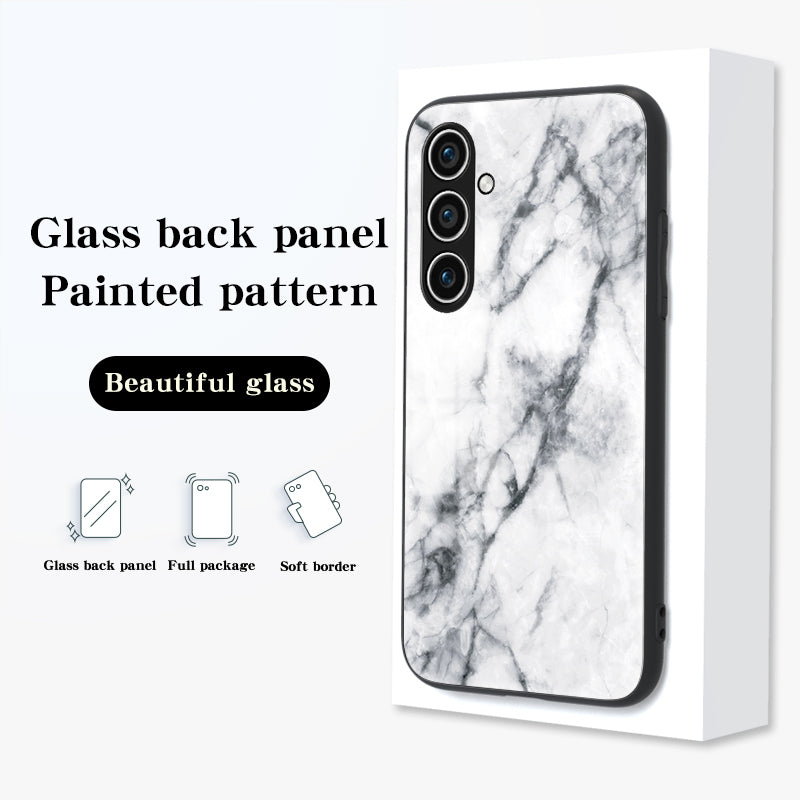 Marble Pattern Case for Samsung Galaxy S24+ Cover Slim-Fit Tempered Glass+PC+TPU Phone Shell - White Marble