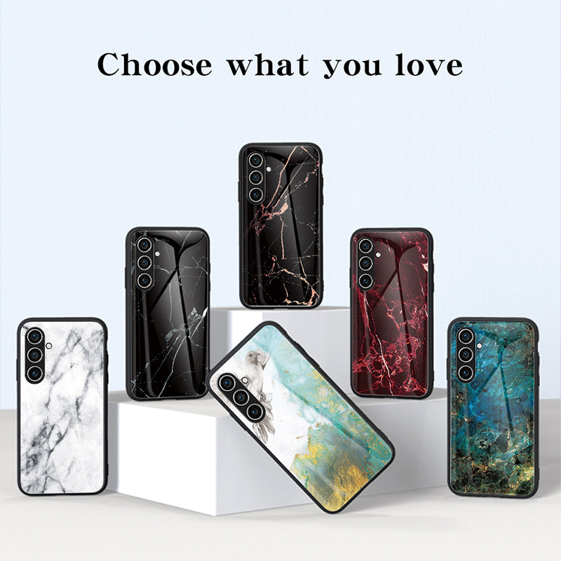 Marble Pattern Case for Samsung Galaxy S24+ Cover Slim-Fit Tempered Glass+PC+TPU Phone Shell - White Marble
