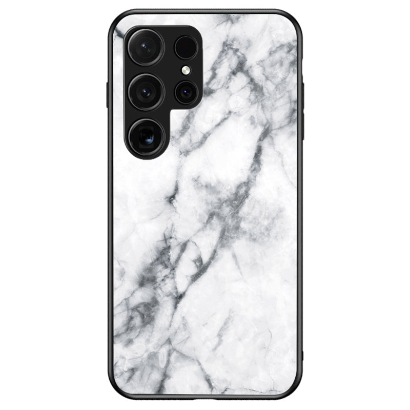 For Samsung Galaxy S24 Ultra Case Anti-dust Tempered Glass+PC+TPU Cover with Printed Marble Pattern - White Marble