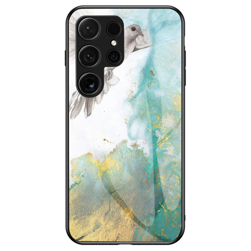 For Samsung Galaxy S24 Ultra Case Anti-dust Tempered Glass+PC+TPU Cover with Printed Marble Pattern - Flying Pigeon Marble