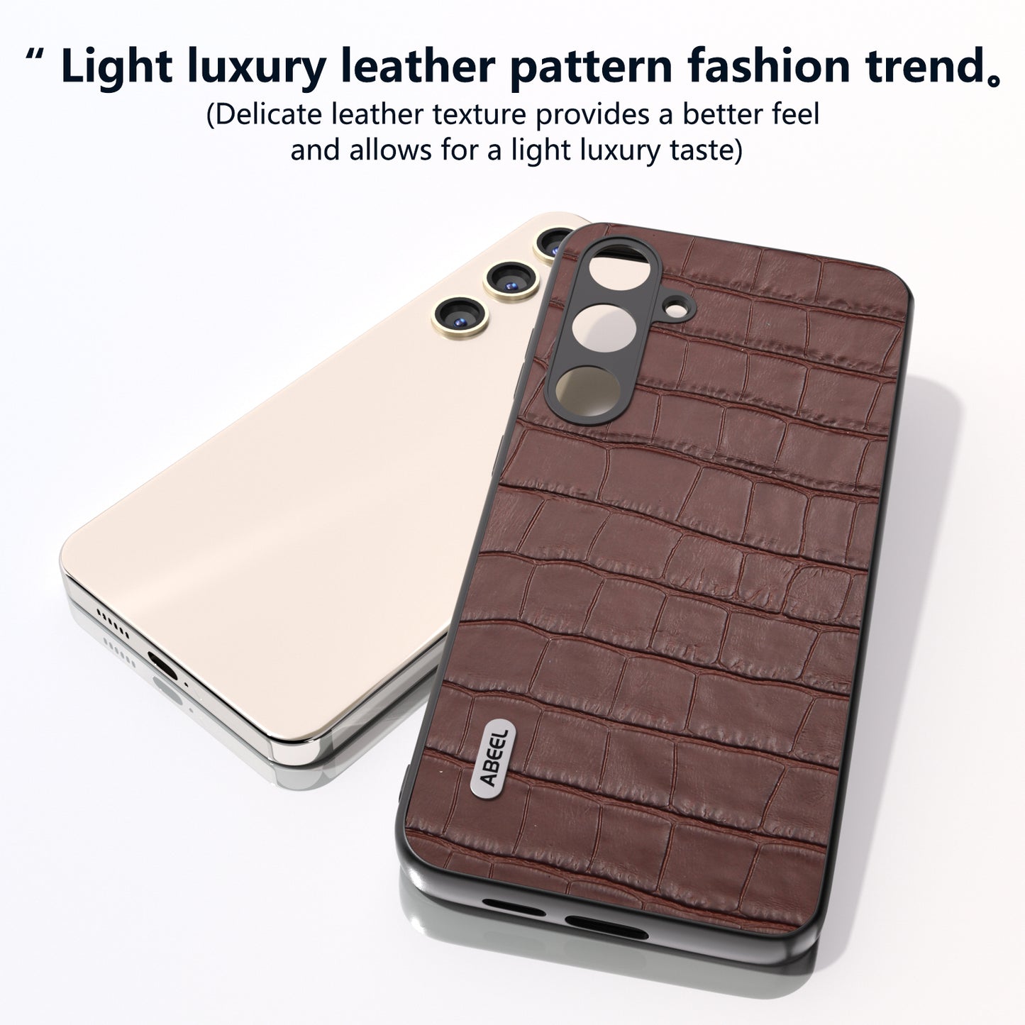 ABEEL For Samsung Galaxy S24+ Case Genuine Cow Leather Phone Cover Crocodile Texture - Brown