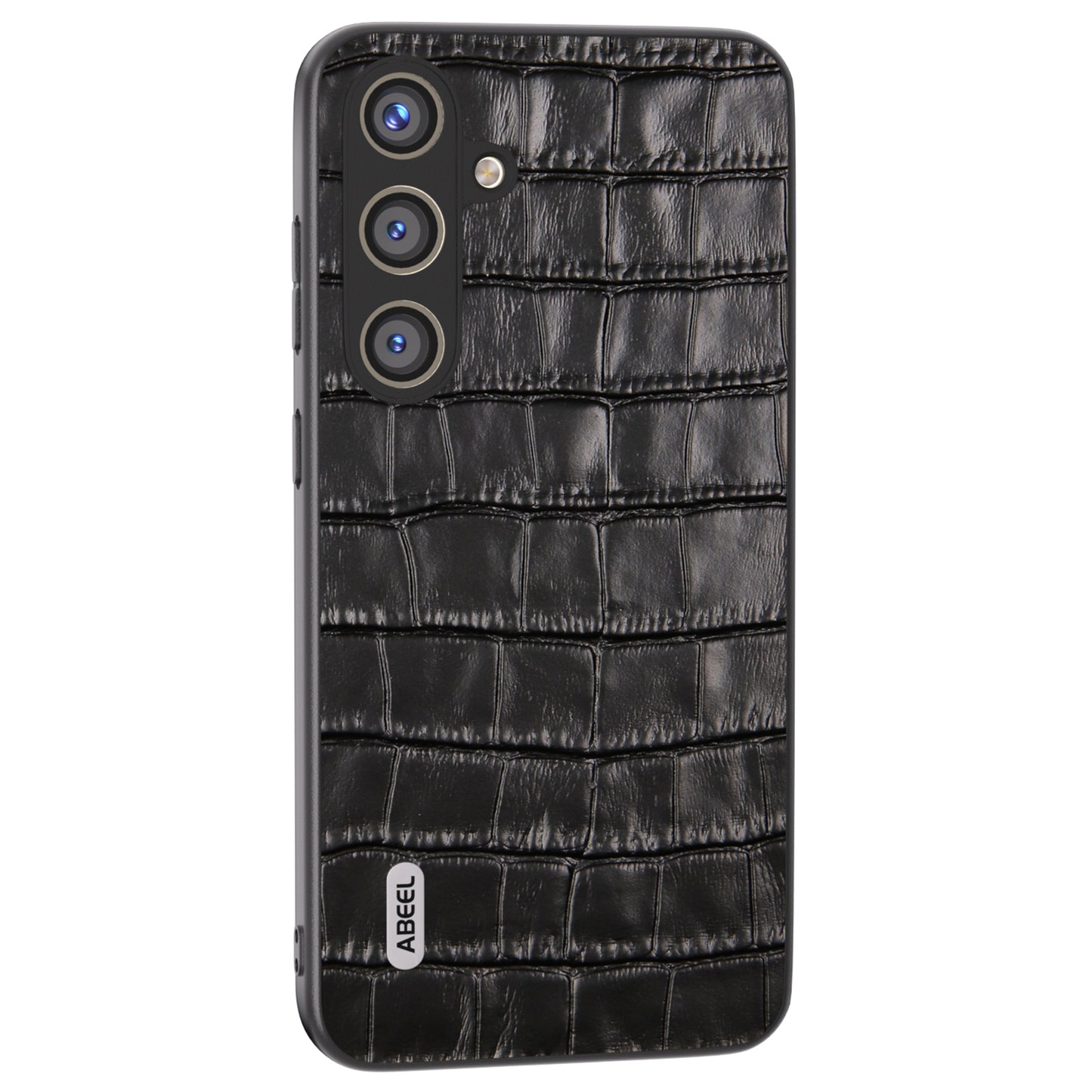 ABEEL For Samsung Galaxy S24+ Case Genuine Cow Leather Phone Cover Crocodile Texture - Black