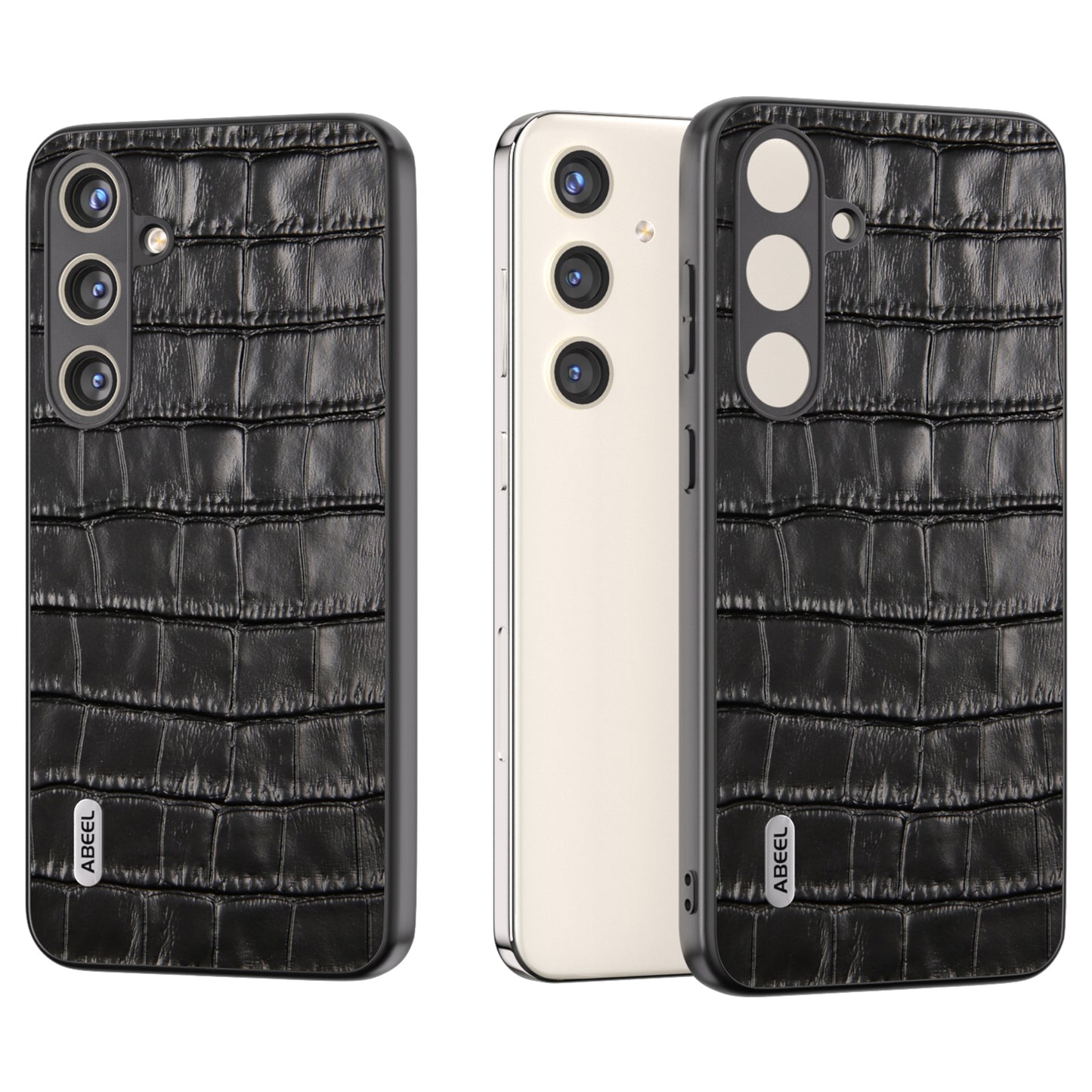 ABEEL For Samsung Galaxy S24+ Case Genuine Cow Leather Phone Cover Crocodile Texture - Black